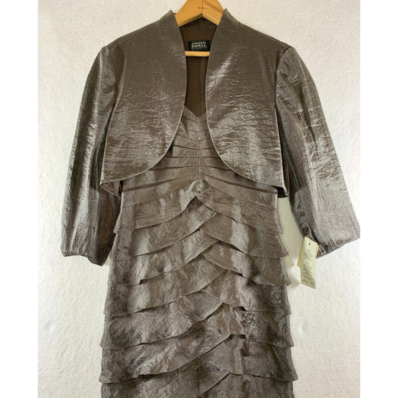 Adrianna Papell Satin Tiered Maxi Gown & Bolero 2 pc Set Dress Sz 8 Bronze Event - Picture 3 of 16